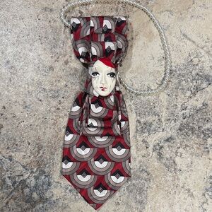 Up-cycled Neck Tie Necklace with Red, Gray & Black Geometric Pattern and a cute
